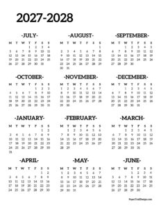 One page 2027-2028 school year calendar printable basic Monday start