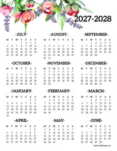 One page 2027-2028 school year calendar printable floral Monday start