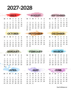 One page 2027-2028 school year calendar printable rainbow watercolor Monday start