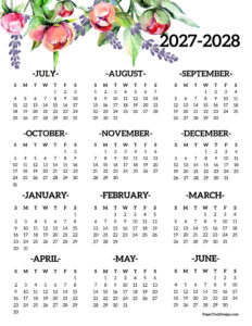 One page 2027-2028 school year calendar printable floral