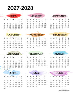 One page 2027-2028 school year calendar printable rainbow watercolor