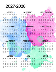 One page 2027-2028 school year calendar printable watercolor