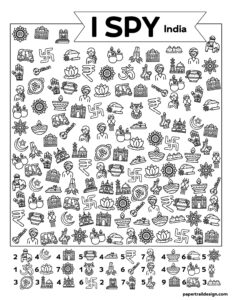 I spy India activity game page that is free to print with pictures representing India scattered around to find