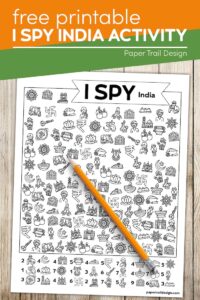 Screen free printable I spy India game with text overlay- free printable I spy India activity