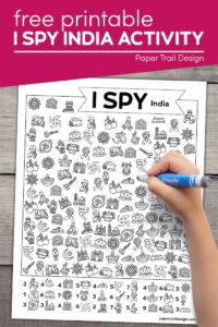 Kids activity printable with text overlay- free printable I spy India activity