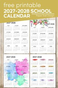 One page school calendars for the 2027-2028 school year with text overlay- free printable 2027-2028 school calendar