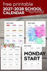 Year at a glance one page 2027-2028 school calendars in Monday start option with text overlay- free printable 2027-2028 school calendar