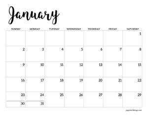 January 2028 calendar printable - Black and white horizontal calendar page