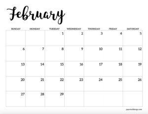 February 2028 calendar printable - Black and white horizontal calendar page