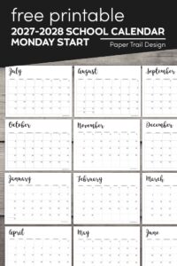 Schools calendar 2027-28 with text overlay- free printable 2027-2028 school calendar Monday start