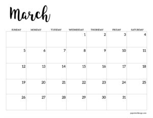 March 2028 calendar printable - Black and white horizontal calendar page