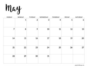 May 2028 calendar printable - Black and white horizontal calendar page