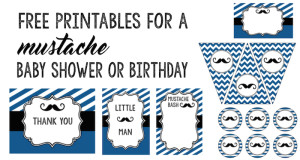 Mustache Baby Shower: Everything you need including invitations, banner, cupcake toppers, food labels, art decor, and thank you cards for your mustache party