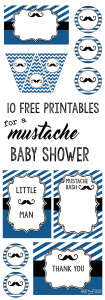 Mustache Baby Shower: Everything you need for a mustache party themed baby shower including banner, food labels, invitation, cupcake toppers, art decor print, thank you cards, and photo booth. 