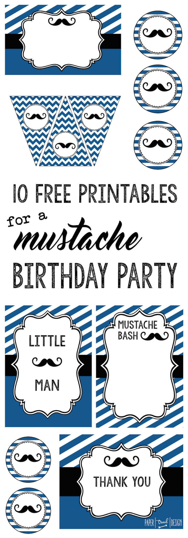 Mustache Birthday Party: Everything you need for a mustache party themed baby shower including banner, food labels, invitation, cupcake toppers, art decor print, thank you cards, and photo booth. 