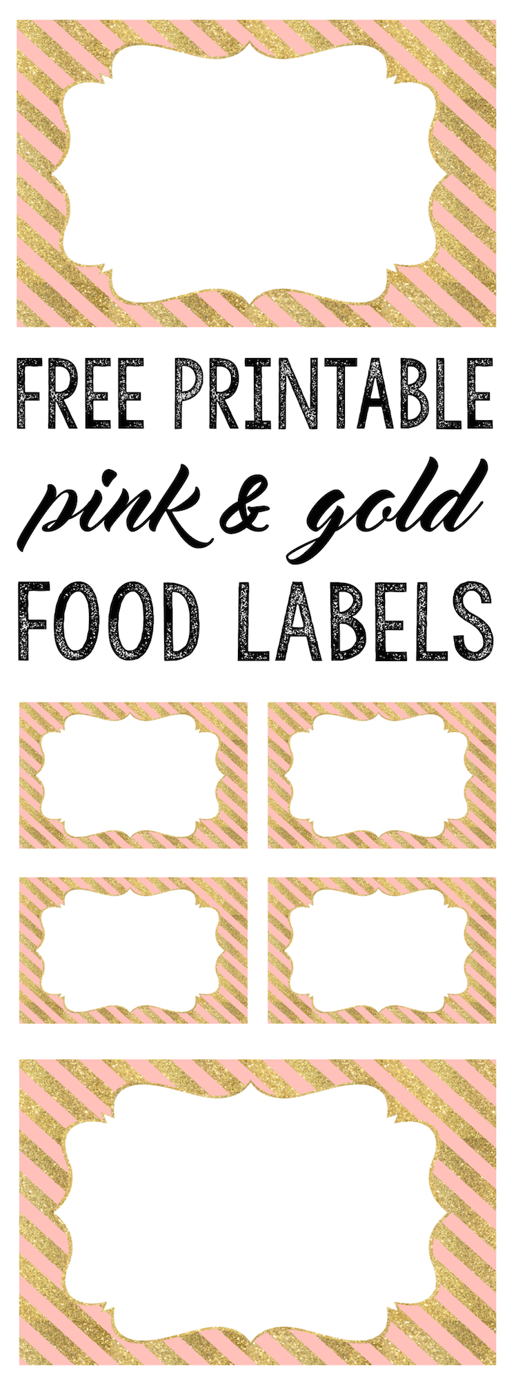 Pink and Gold Food Labels free printable. Print these food labels for your pink and gold baby shower, birthday party, bridal shower or whatever even you choose. 
