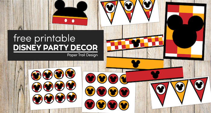 Mickey mouse party printables with text overlay- free printable disney party decor