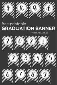 Graduation banner with words grad and numbers 2021 and 2345678 on grey background with text overlay- free printable graduation banner