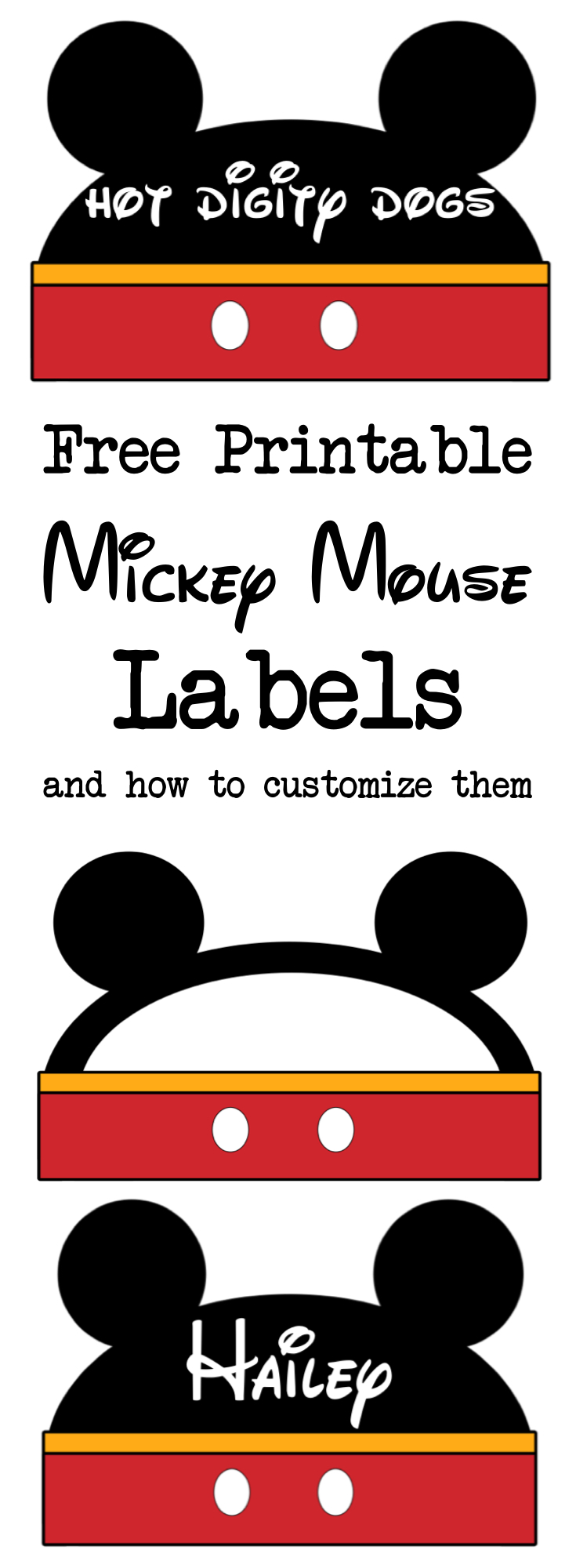 Mickey Mouse Labels free printable and instructions on how to customize them. Use these for food labels or name cards for a baby shower or birthday party.
