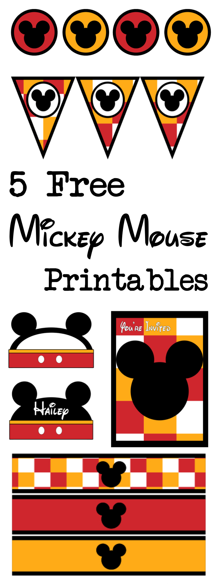 Five Mickey Mouse free printables for a Disney themed party. Print a free banner, watet bottle wrappers, cupcake toppers, invitations, name cards, and food labels. There are also tutorials on how to customize the items.