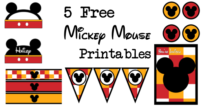 Five Mickey Mouse free printables for a Disney themed party. Print a free banner, water bottle wrappers, cupcake toppers, invitations, name cards, and food labels. There are also tutorials on how to customize the items.