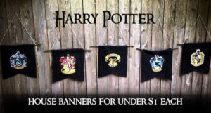 Harry Potter Hogwarts House Banners DIY for under $1 each. Make these simple banners for a Harry Potter theme party with felt, sticks or dowels, printed paper and glue.