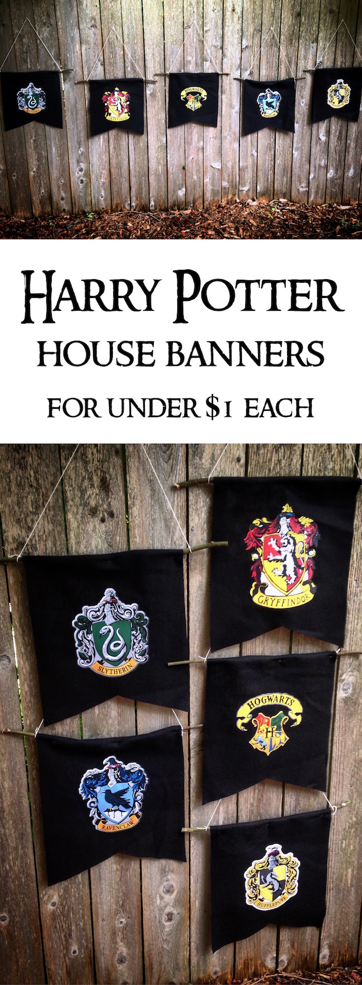 Harry Potter Hogwarts House Banners DIY for under $1 each. Make these simple banners for a Harry Potter theme party with felt, sticks or dowels, printed paper and glue.