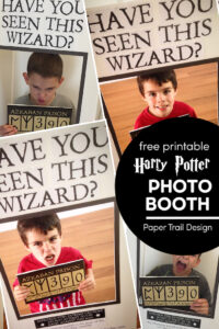 Kids holding Harry Potter have you seen this wizard photo booth sign with text overlay- free prinable Harry Potter photo booth