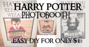 Harry Potter party photobooth easy DIY for only $1. Use our free printables, some glue, and a poster board to make this Sirius Black sign for your Harry Potter theme party.