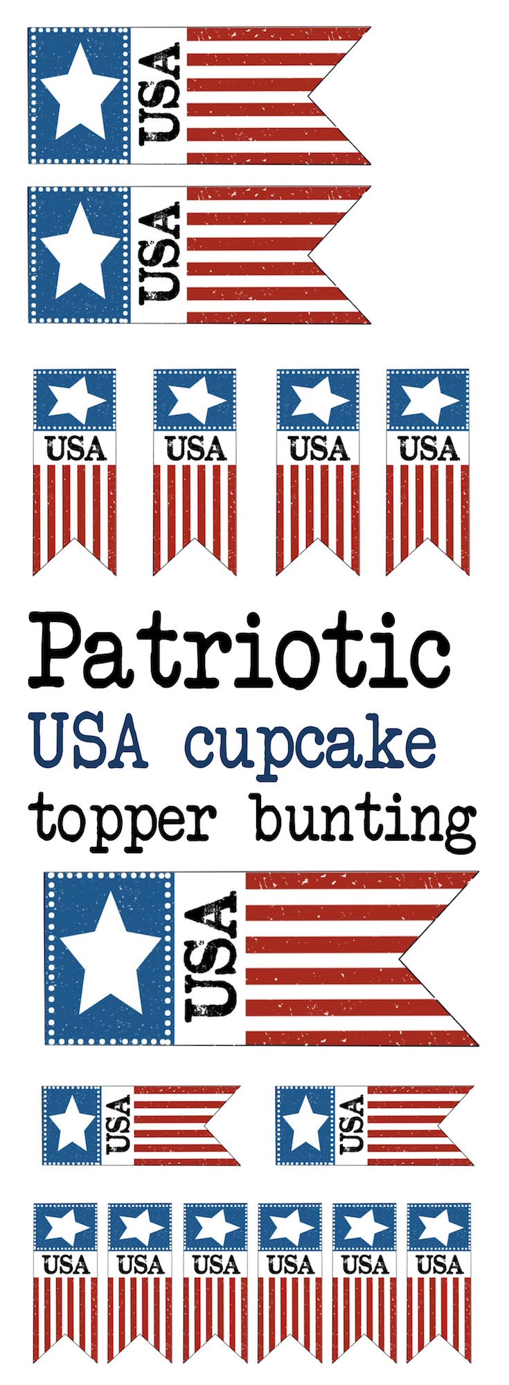 Print these 4th of July cupcake toppers or bunting flags for your patriotic American celebration. USA!