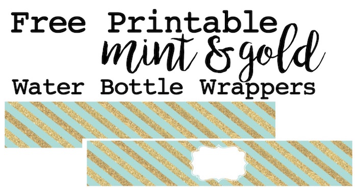Mint and gold water bottle wrappers free printable. Print these for a mint and gold theme baby shower, wedding shower, birthday party or just for fun.