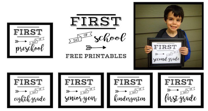 First Day of School Sign Free Printable poster. Preschool, Kindergarten, First Grade, through Senior year. Print this sign for back to school pictures.