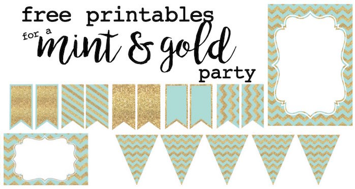 Mint and gold party free printables. Everything you need for a mint and gold theme baby shower, wedding or bridal shower, or birthday party. Invitations, water bottle wrappers, food labels, name cards, banner, and cupcake toppers!