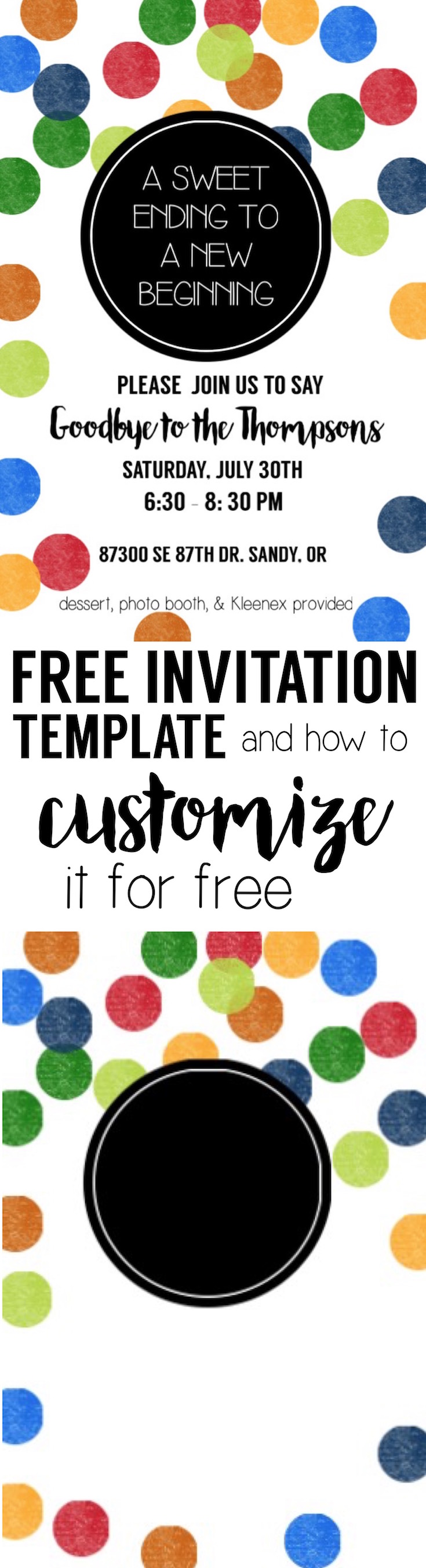 Colorful Party Invitation Free Template. Customize this invite easily with free online software and our tutorial. Cute rainbow color polka dots.