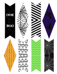 Halloween Banner Bunting Free Printable. Print this Halloween to add to your spooky Halloween decor. Spiderwebs, witches, and skeletons. 