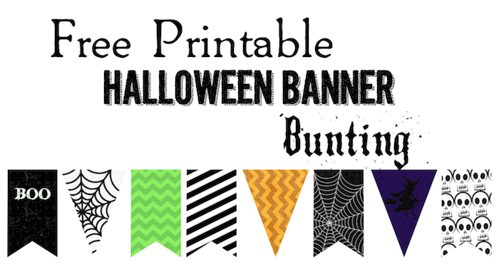 Halloween Banner Bunting Free Printable. Print this Halloween to add to your spooky Halloween decor. Spiderwebs, witches, and skeletons.