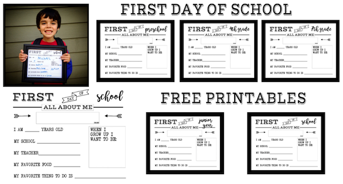 First Day of School All About Me Sign free printable sign. Preschool, Kindergarten, First Grade, through Senior year. Print this sign for back to school pictures.