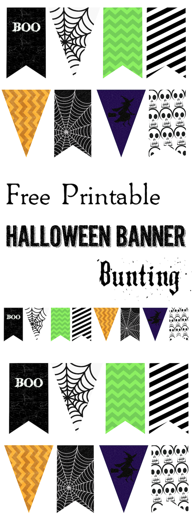 Halloween Banner Bunting Free Printable. Print this Halloween to add to your spooky Halloween decor. Spiderwebs, witches, and skeletons. 