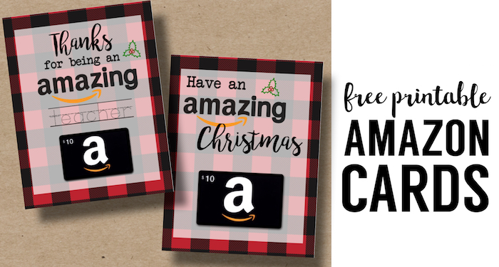 Printable Christmas Gift Card Holders for Amazon. Print free printable buffalo plaid flannel Christmas cards for Amazon gift cards. Teacher gift or Friend gift.