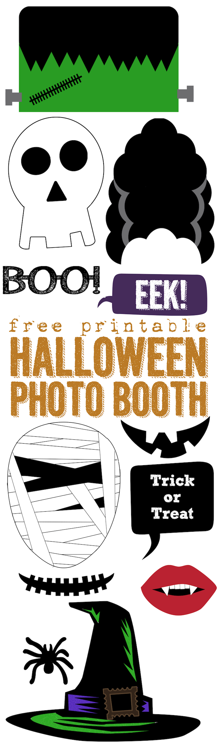 Free Printable Halloween Photo Booth. This DIY Halloween photo booth is easy and cheap. Cut print and cut out. Includes mummy, Frankenstein, witch hat, boo glasses, Dracula teeth, spider, skeleton, trick or treat sign, and more!