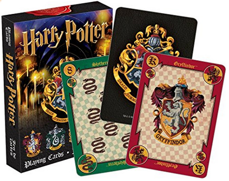 Harry Potter Playing Cards set. The four Hogwarts houses, gryffindor, slytherin, hufflepuff, and ravenclaw are featured instead of hearts, clubs, diamonds, and spades. Genius! 