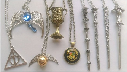 Harry Potter necklace set, wands, house cup, hogwarts crest, golden snitch, ravenclaw, and deathly hallows makes one of the best gifts.