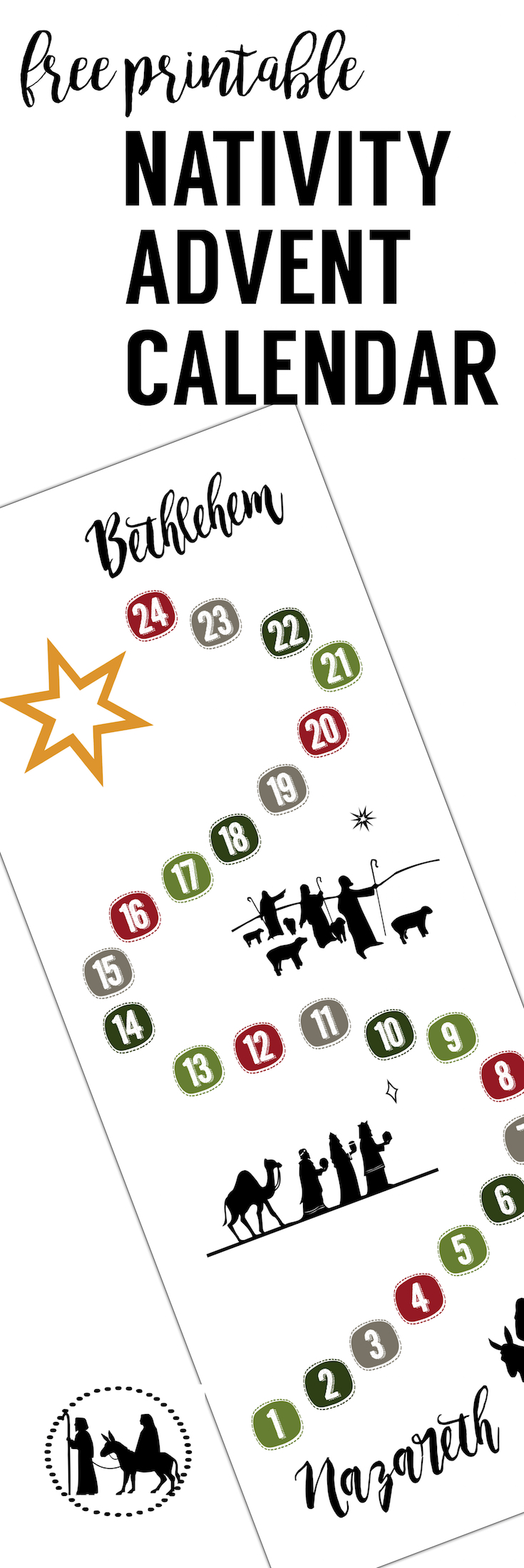 Free Advent Calendar Printable. This DIY Nativity Advent calendar is so easy! Just print this easy advent calendar nativity and let Mary and Joseph make their way to Bethlehem. 
