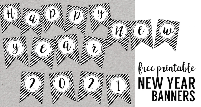 Happy New Year Banner Printable. Easy DIY for your New Year's party decor. Simple elegant black and white new years decorations. #papertraildesign #newyearparty #newyears