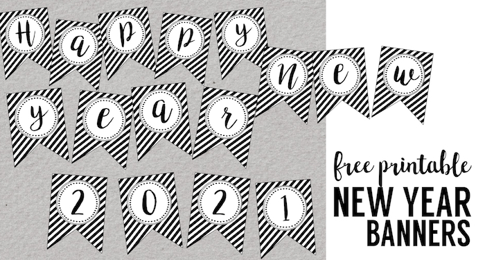 Happy New Year Banner Printable. Easy DIY for your New Year's party decor. Simple elegant black and white new years decorations. #papertraildesign #newyearparty #newyears 