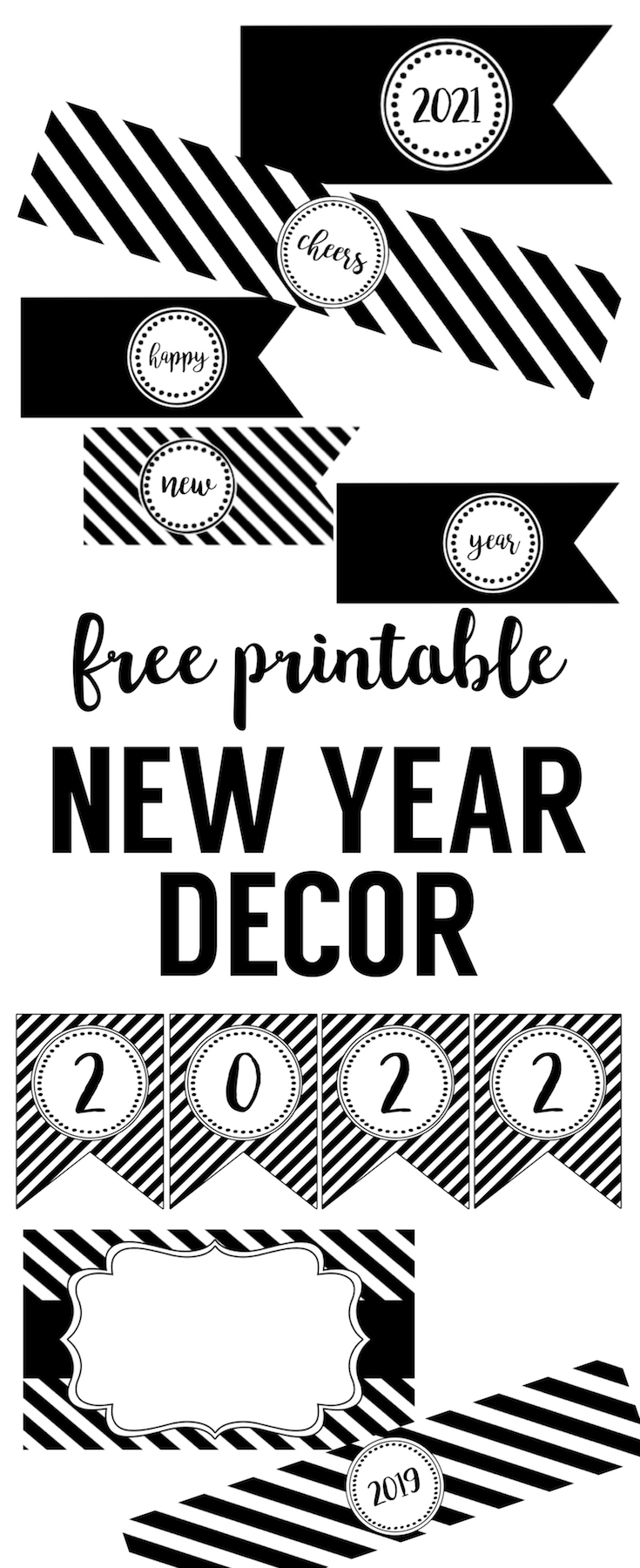 Happy New Year Party Printables. Free printable decor for your New Years Eve party. New years flags, bottle wrappers, banner, food labels, photo booth, and more.
