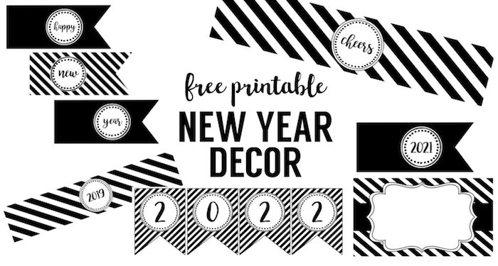 Happy New Years party. Free decorations for your new years party. New years banners, bottle wraps, banners, food labels, photo booths and more.