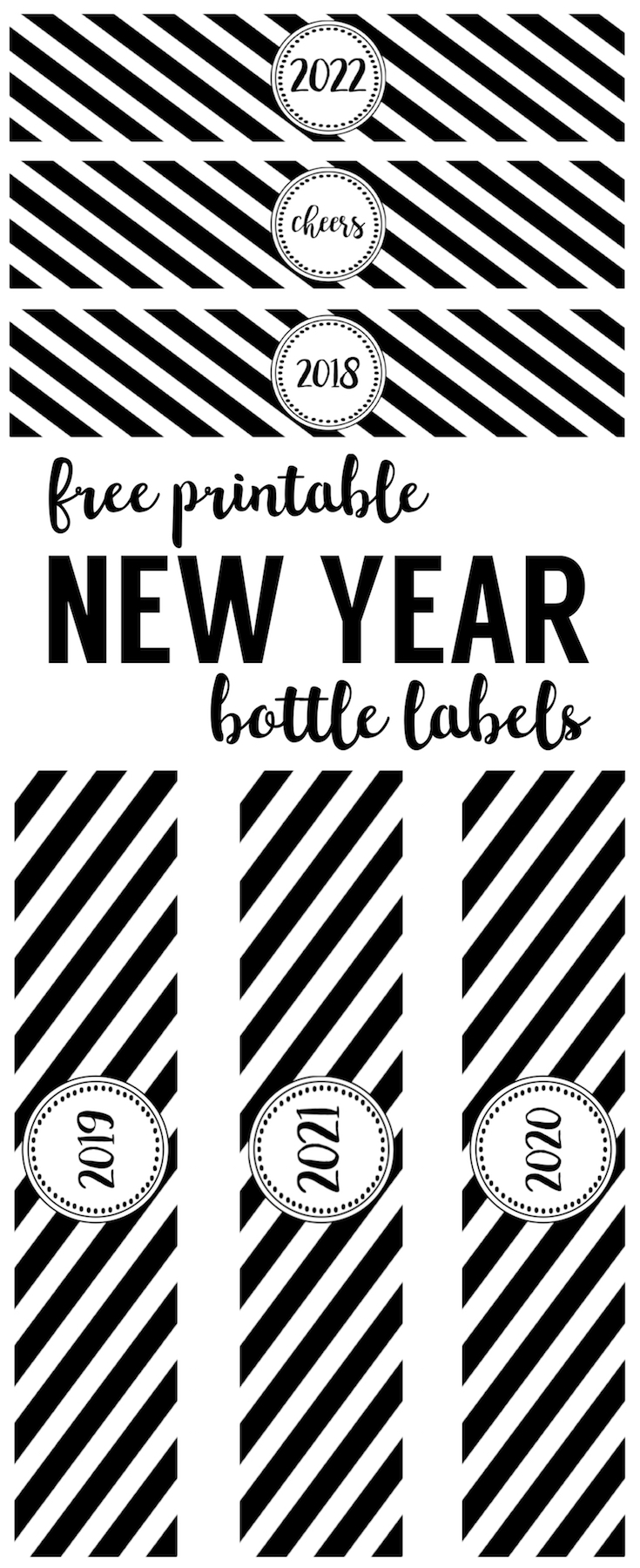 New Year Bottle Labels Free Printable. Print these water bottle wrappers for your New Year's Eve party for some cute New Year decor.