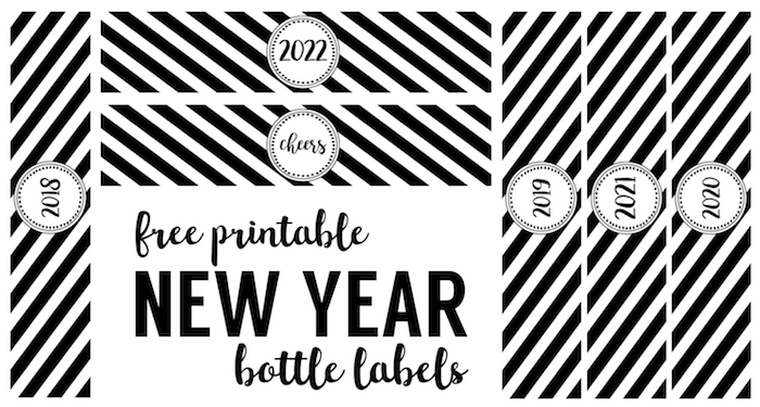 New Year Bottle Labels Free Printable. Print these water bottle wrappers for your New Year's Eve party for some cute New Year decor.