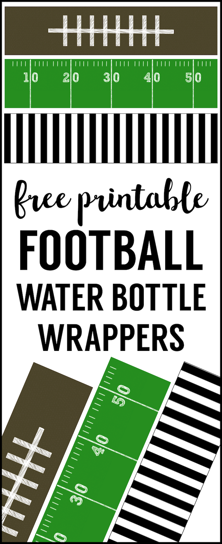 Football water bottle labels free printable. Cheap football party decorations for a superbowl party, football team party, football birthday party, or football themed baby shower. 